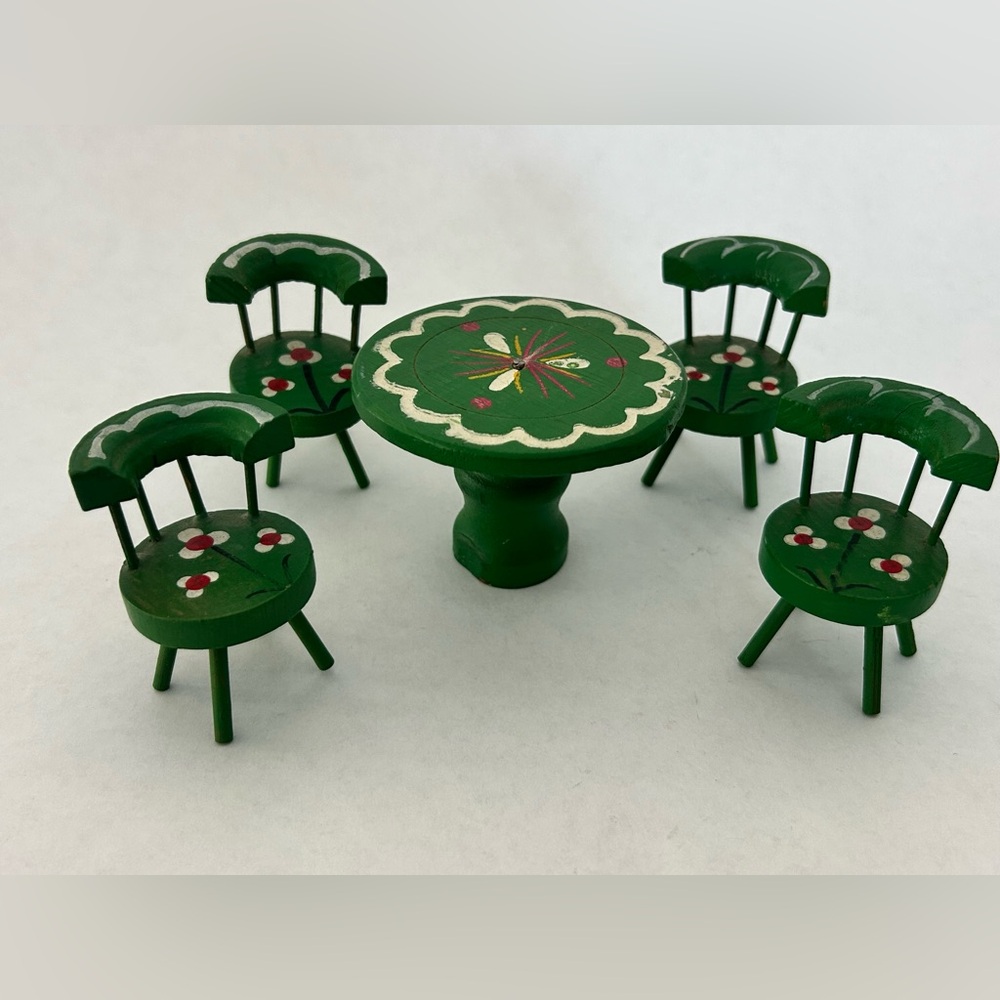 Miniature Dollhouse Furniture 5-Piece Cottage Wood Round Table‎ 4 Chairs Floral